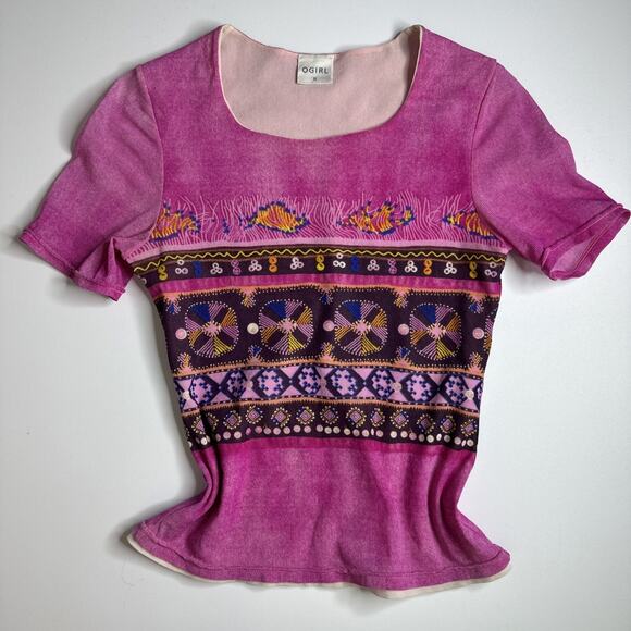 OGIRL Pink Mesh Ethnic Print Double Layer Top Sz XS Y2K Retro Indie Fairycore - Picture 3 of 8
